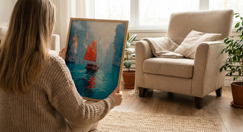 Halong Bay Art, Vietnam Travel Print, Junk Boat Painting, Impasto Oil Painting, Turquoise Water, Wedding Gift, Seascape