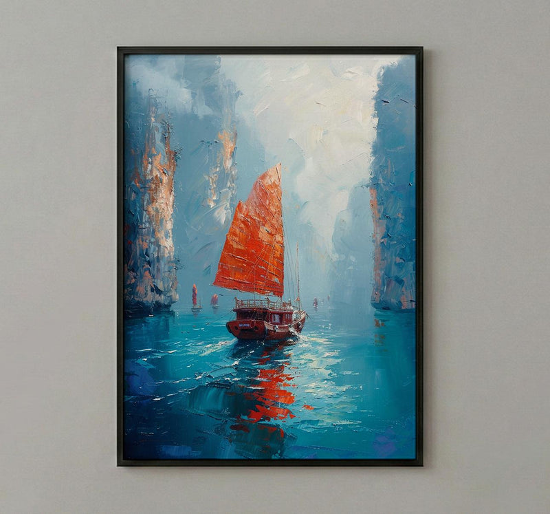 Halong Bay Art, Vietnam Travel Print, Junk Boat Painting, Impasto Oil Painting, Turquoise Water, Wedding Gift, Seascape