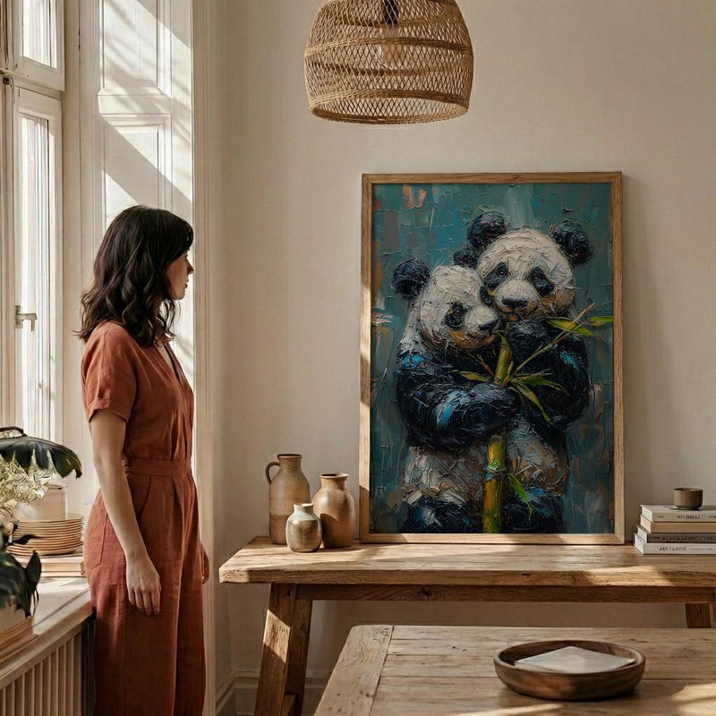 Panda Bear Art, Cute Animal Print, Nursery Wall Decor, Impasto Oil Painting, Black and White, Baby Shower Gift, Hugging