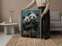 Panda Bear Art, Cute Animal Print, Nursery Wall Decor, Impasto Oil Painting, Black and White, Baby Shower Gift, Hugging