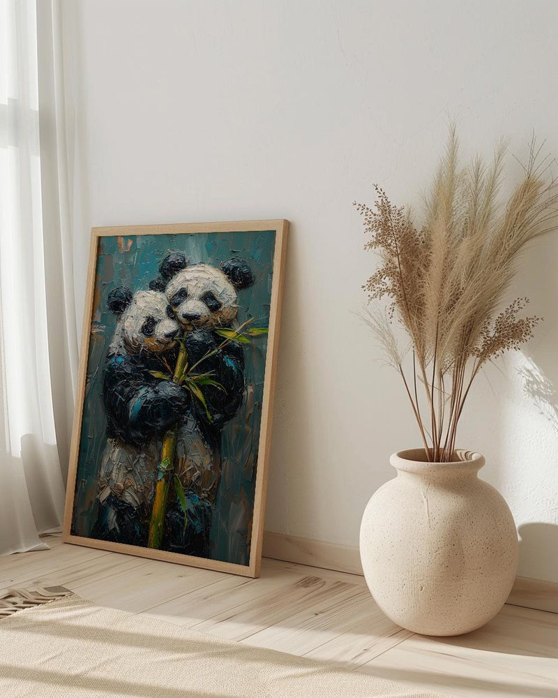 Panda Bear Art, Cute Animal Print, Nursery Wall Decor, Impasto Oil Painting, Black and White, Baby Shower Gift, Hugging