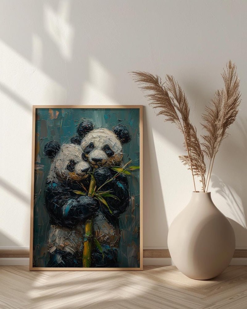 Panda Bear Art, Cute Animal Print, Nursery Wall Decor, Impasto Oil Painting, Black and White, Baby Shower Gift, Hugging