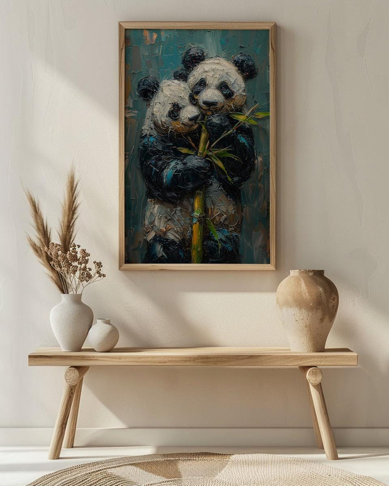 Panda Bear Art, Cute Animal Print, Nursery Wall Decor, Impasto Oil Painting, Black and White, Baby Shower Gift, Hugging