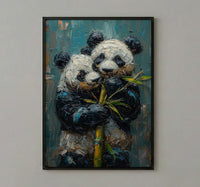 Panda Bear Art, Cute Animal Print, Nursery Wall Decor, Impasto Oil Painting, Black and White, Baby Shower Gift, Hugging