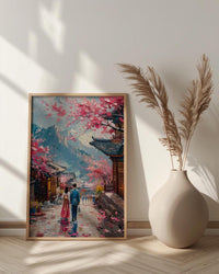 Seoul Wall Art, Gyeongbokgung Palace, Cherry Blossom Print, Impasto Oil Painting, Hanbok Couple, Wedding Gift, Korea