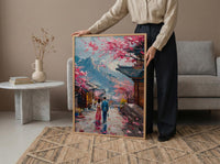 Seoul Wall Art, Gyeongbokgung Palace, Cherry Blossom Print, Impasto Oil Painting, Hanbok Couple, Wedding Gift, Korea