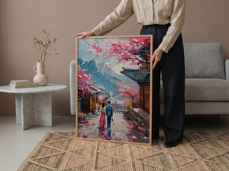 Seoul Wall Art, Gyeongbokgung Palace, Cherry Blossom Print, Impasto Oil Painting, Hanbok Couple, Wedding Gift, Korea