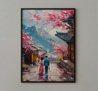 Seoul Wall Art, Gyeongbokgung Palace, Cherry Blossom Print, Impasto Oil Painting, Hanbok Couple, Wedding Gift, Korea