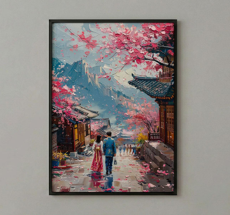 Seoul Wall Art, Gyeongbokgung Palace, Cherry Blossom Print, Impasto Oil Painting, Hanbok Couple, Wedding Gift, Korea