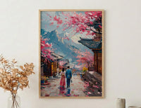 Seoul Wall Art, Gyeongbokgung Palace, Cherry Blossom Print, Impasto Oil Painting, Hanbok Couple, Wedding Gift, Korea