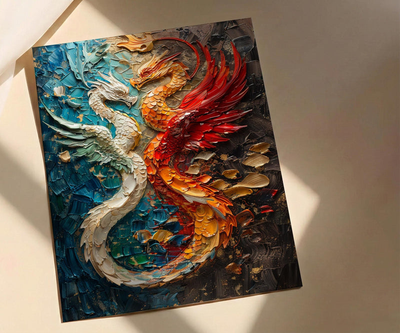 Dragon Phoenix Art, Yin Yang Print, Feng Shui Decor, Impasto Oil Painting, Mythical Creatures, Wedding Gift, Housewarming Gift