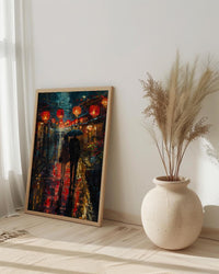 Kyoto Street Art, Japan Night Print, Rainy Cityscape, Impasto Oil Painting, Red Lanterns, Moody Decor, Anniversary Gift