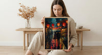 Kyoto Street Art, Japan Night Print, Rainy Cityscape, Impasto Oil Painting, Red Lanterns, Moody Decor, Anniversary Gift
