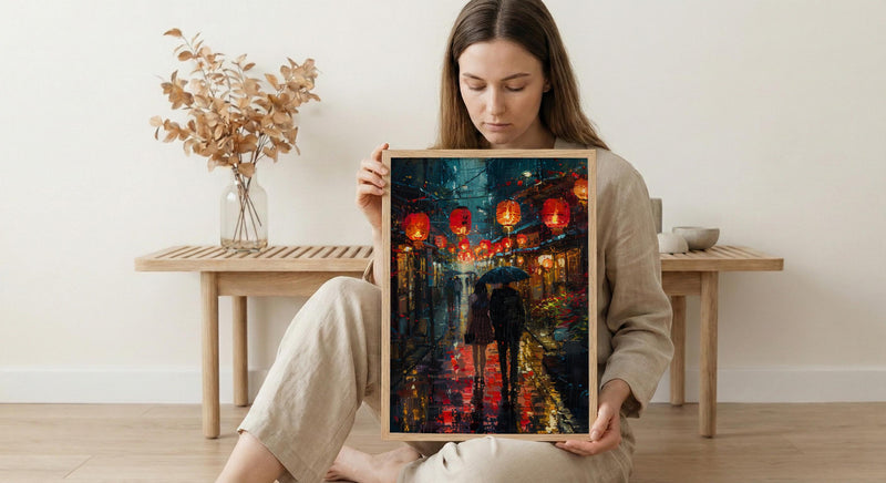 Kyoto Street Art, Japan Night Print, Rainy Cityscape, Impasto Oil Painting, Red Lanterns, Moody Decor, Anniversary Gift