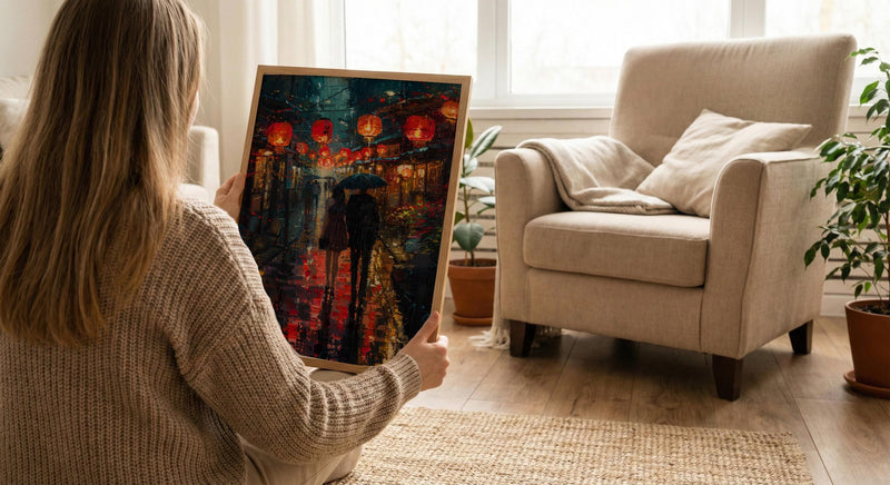 Kyoto Street Art, Japan Night Print, Rainy Cityscape, Impasto Oil Painting, Red Lanterns, Moody Decor, Anniversary Gift
