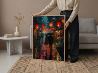 Kyoto Street Art, Japan Night Print, Rainy Cityscape, Impasto Oil Painting, Red Lanterns, Moody Decor, Anniversary Gift