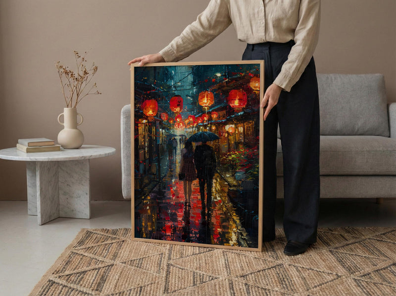 Kyoto Street Art, Japan Night Print, Rainy Cityscape, Impasto Oil Painting, Red Lanterns, Moody Decor, Anniversary Gift
