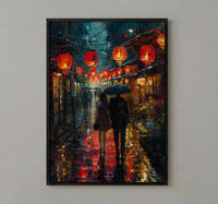Kyoto Street Art, Japan Night Print, Rainy Cityscape, Impasto Oil Painting, Red Lanterns, Moody Decor, Anniversary Gift