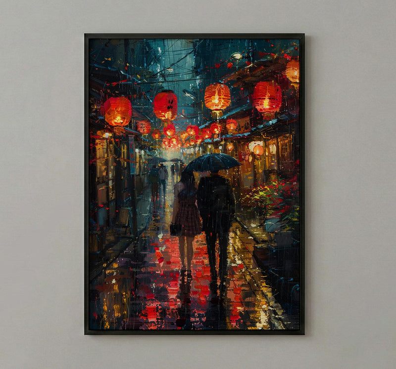 Kyoto Street Art, Japan Night Print, Rainy Cityscape, Impasto Oil Painting, Red Lanterns, Moody Decor, Anniversary Gift