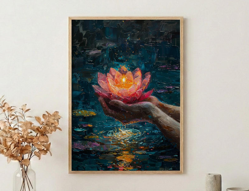 Lotus Flower Art, Spiritual Print, Buddhist Decor, Impasto Oil Painting, Floating Candle, Peace Gift, Wedding Gift
