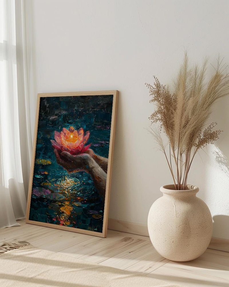 Lotus Flower Art, Spiritual Print, Buddhist Decor, Impasto Oil Painting, Floating Candle, Peace Gift, Wedding Gift