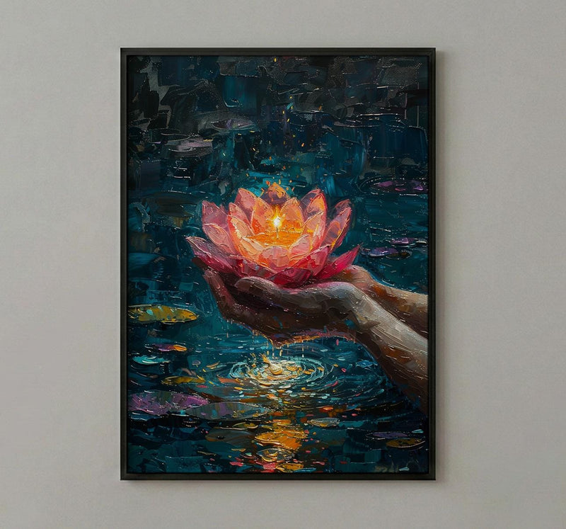 Lotus Flower Art, Spiritual Print, Buddhist Decor, Impasto Oil Painting, Floating Candle, Peace Gift, Wedding Gift