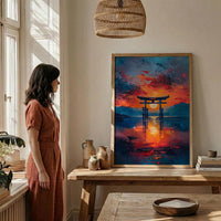 Torii Gate Art, Japan Shrine Print, Itsukushima Sunset, Impasto Oil Painting, Spiritual Decor, Minimalist, Wedding Gift