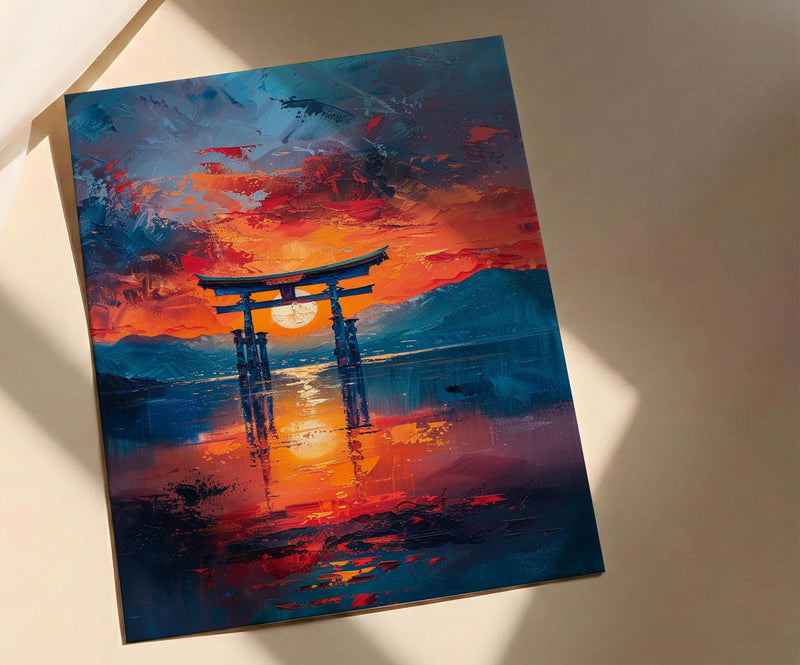 Torii Gate Art, Japan Shrine Print, Itsukushima Sunset, Impasto Oil Painting, Spiritual Decor, Minimalist, Wedding Gift