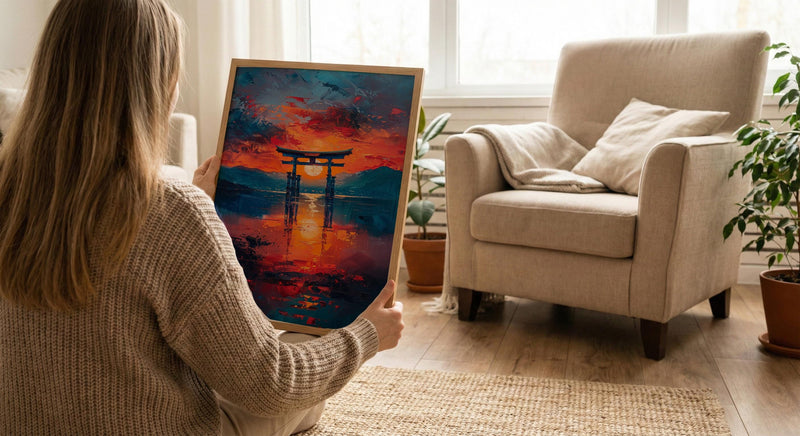 Torii Gate Art, Japan Shrine Print, Itsukushima Sunset, Impasto Oil Painting, Spiritual Decor, Minimalist, Wedding Gift