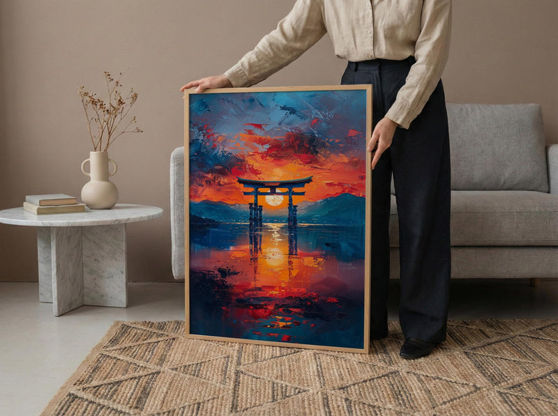 Torii Gate Art, Japan Shrine Print, Itsukushima Sunset, Impasto Oil Painting, Spiritual Decor, Minimalist, Wedding Gift