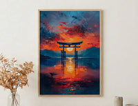 Torii Gate Art, Japan Shrine Print, Itsukushima Sunset, Impasto Oil Painting, Spiritual Decor, Minimalist, Wedding Gift