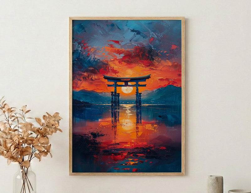 Torii Gate Art, Japan Shrine Print, Itsukushima Sunset, Impasto Oil Painting, Spiritual Decor, Minimalist, Wedding Gift
