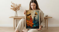 Fan Dance Art, Asian Culture Print, Abstract Motion, Impasto Oil Painting, Gold and Red, Dance Decor, Anniversary Gift