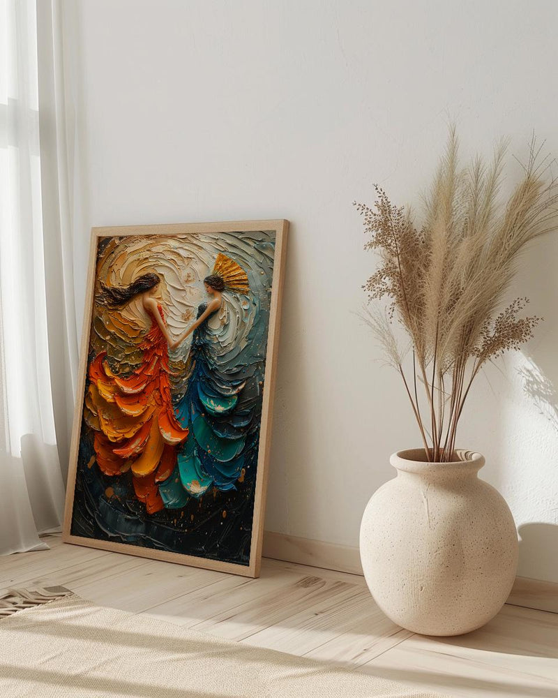 Fan Dance Art, Asian Culture Print, Abstract Motion, Impasto Oil Painting, Gold and Red, Dance Decor, Anniversary Gift