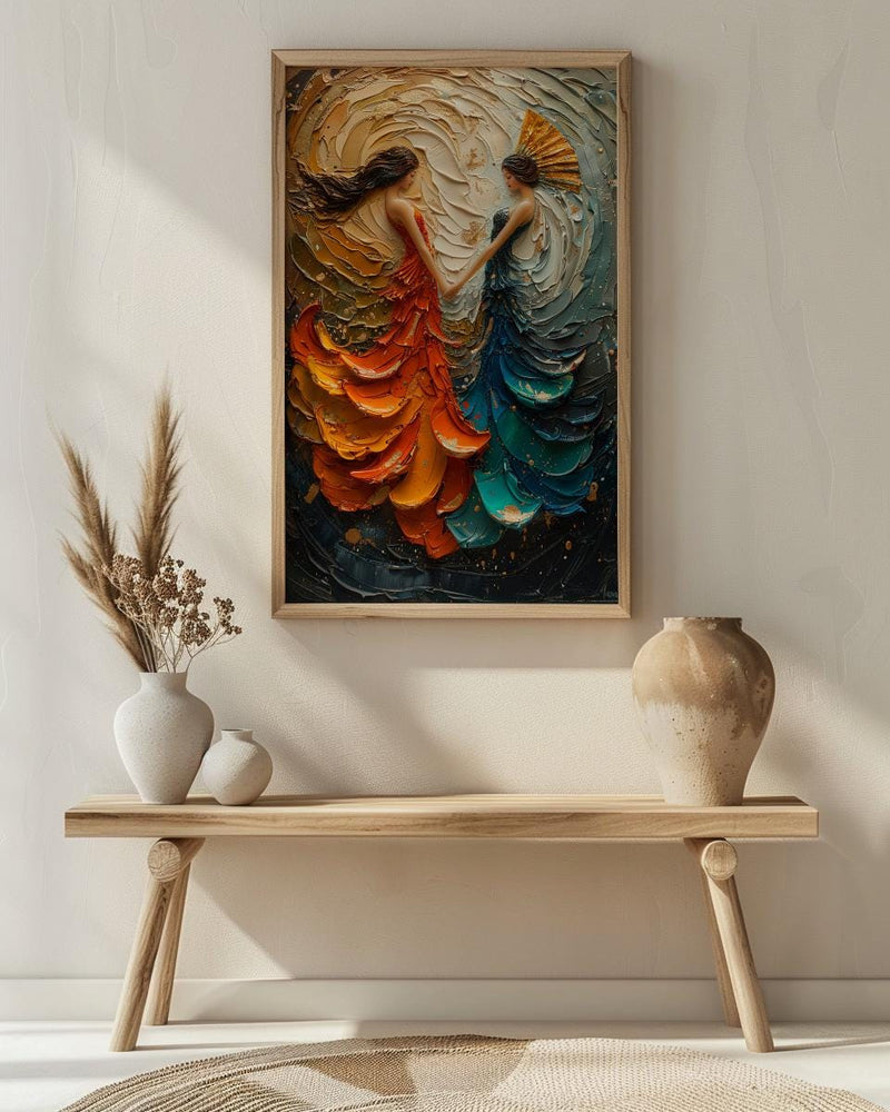 Fan Dance Art, Asian Culture Print, Abstract Motion, Impasto Oil Painting, Gold and Red, Dance Decor, Anniversary Gift