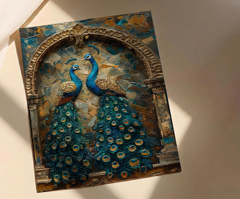 Peacock Wall Art, Indian Decor, Royal Bird Print, Impasto Oil Painting, Teal and Gold, Luxury Wall Art, Animal Love