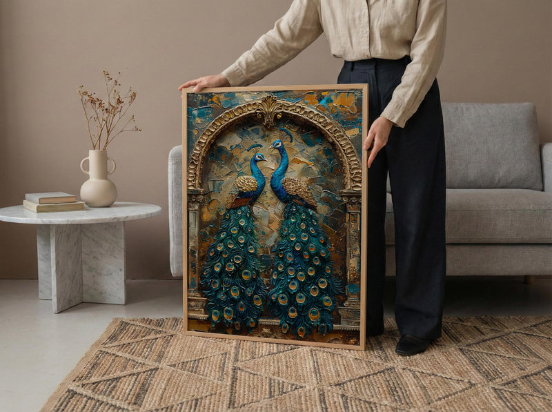Peacock Wall Art, Indian Decor, Royal Bird Print, Impasto Oil Painting, Teal and Gold, Luxury Wall Art, Animal Love