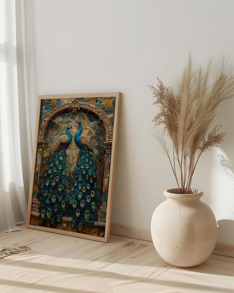 Peacock Wall Art, Indian Decor, Royal Bird Print, Impasto Oil Painting, Teal and Gold, Luxury Wall Art, Animal Love