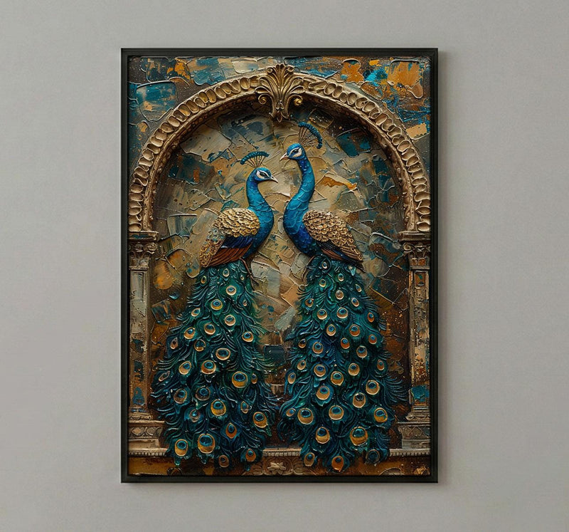 Peacock Wall Art, Indian Decor, Royal Bird Print, Impasto Oil Painting, Teal and Gold, Luxury Wall Art, Animal Love