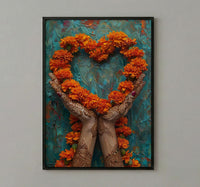Mehndi Art Print, Henna Hands, Indian Wedding Gift, Impasto Oil Painting, Cultural Decor, Love Symbol, Red and Gold