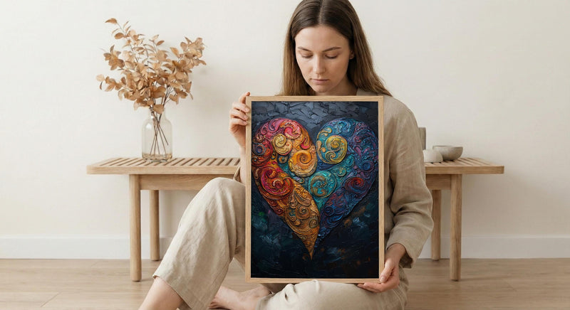 Paisley Pattern Art, Indian Motif Print, Boho Heart Decor, Impasto Oil Painting, Jewel Tones, Textile Art, Cultural Gift