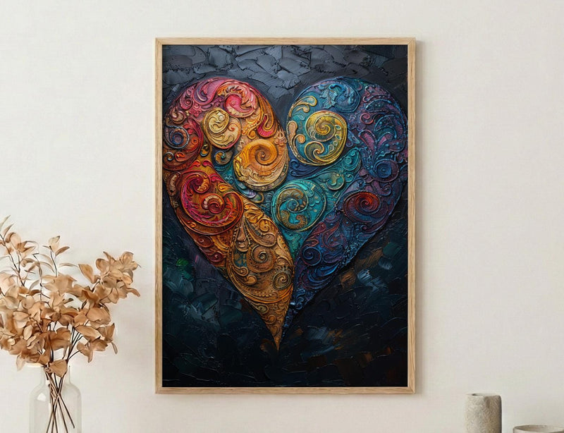 Paisley Pattern Art, Indian Motif Print, Boho Heart Decor, Impasto Oil Painting, Jewel Tones, Textile Art, Cultural Gift