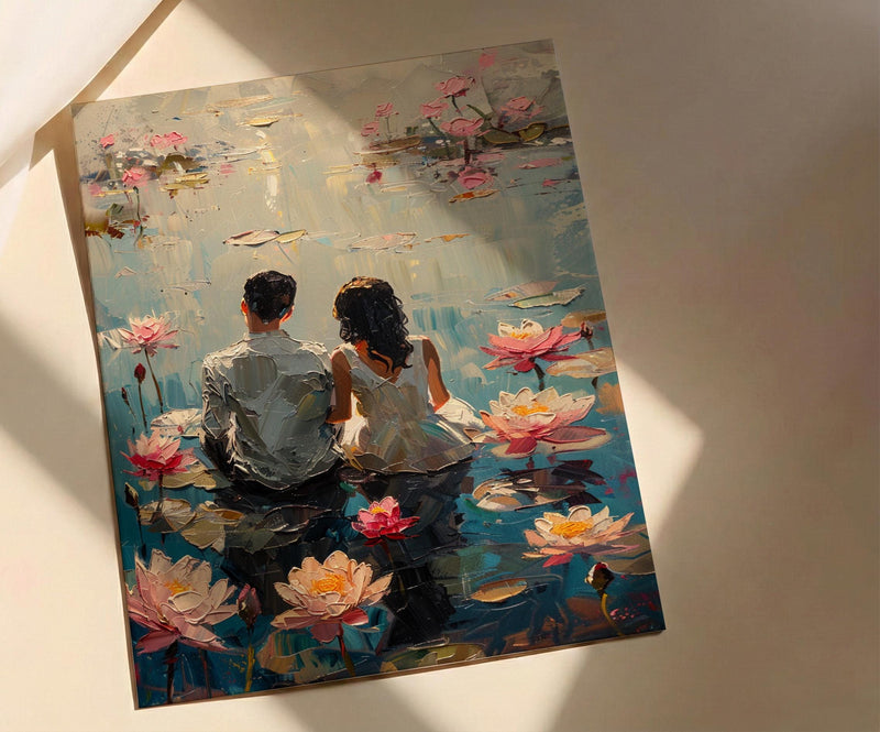 Lotus Flower Art, Spiritual Love, Indian Pond, Impasto Oil Painting, Yoga Room Decor, Pink Water Lily, Serene Wall Art