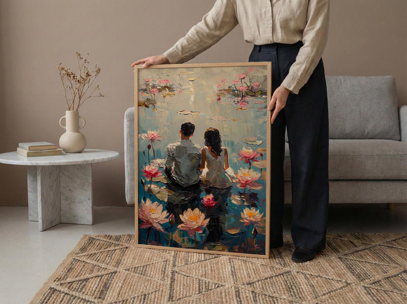 Lotus Flower Art, Spiritual Love, Indian Pond, Impasto Oil Painting, Yoga Room Decor, Pink Water Lily, Serene Wall Art