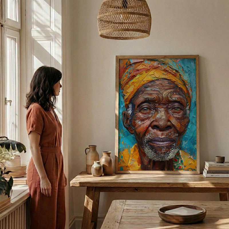 African Man Portrait Oil Painting, Elderly Face Poster, Cultural Heritage Art Print, Heavy Impasto Style, Blue Gold Wall Decor