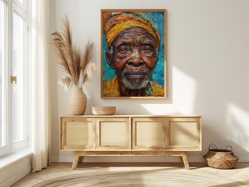 African Man Portrait Oil Painting, Elderly Face Poster, Cultural Heritage Art Print, Heavy Impasto Style, Blue Gold Wall Decor