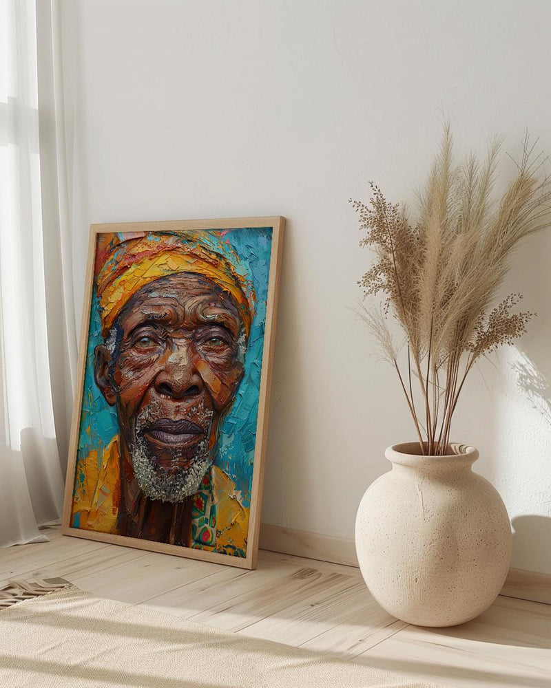 African Man Portrait Oil Painting, Elderly Face Poster, Cultural Heritage Art Print, Heavy Impasto Style, Blue Gold Wall Decor
