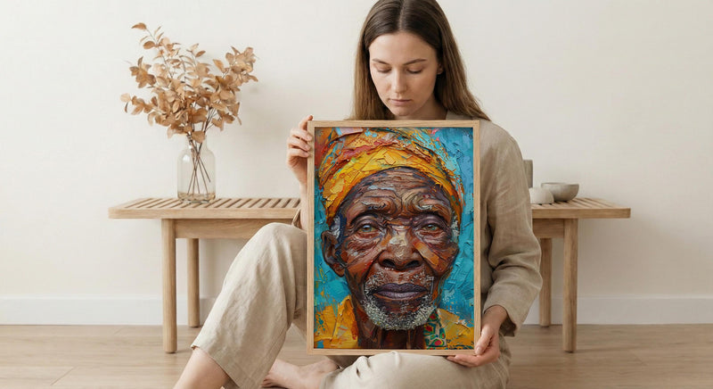 African Man Portrait Oil Painting, Elderly Face Poster, Cultural Heritage Art Print, Heavy Impasto Style, Blue Gold Wall Decor