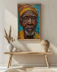 African Man Portrait Oil Painting, Elderly Face Poster, Cultural Heritage Art Print, Heavy Impasto Style, Blue Gold Wall Decor