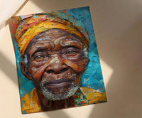 African Man Portrait Oil Painting, Elderly Face Poster, Cultural Heritage Art Print, Heavy Impasto Style, Blue Gold Wall Decor